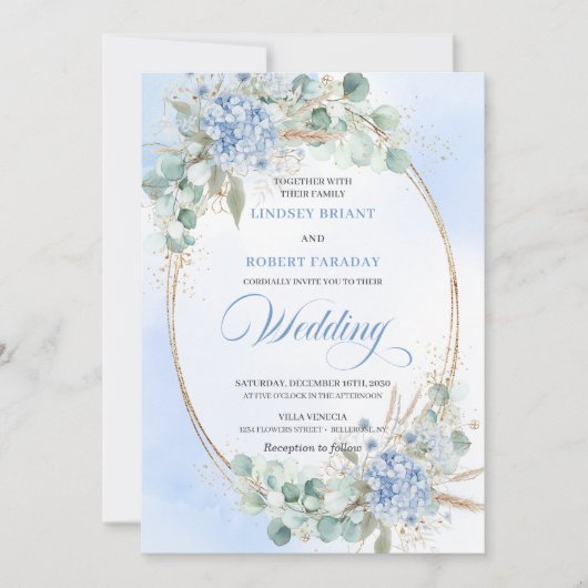 Chic Blue Floral Eucalyptus Gold Oval Wedding  Kaart (Voorkant)