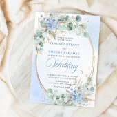 Chic Blue Floral Eucalyptus Gold Oval Wedding  Kaart