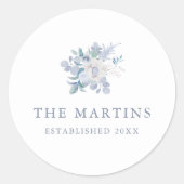 Chic Blue Floral Gepersonaliseerde Naam Trouwen Ronde Sticker (Voorkant)