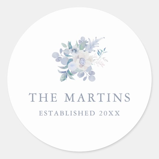 Chic Blue Floral Gepersonaliseerde Naam Trouwen Ronde Sticker (Voorkant)