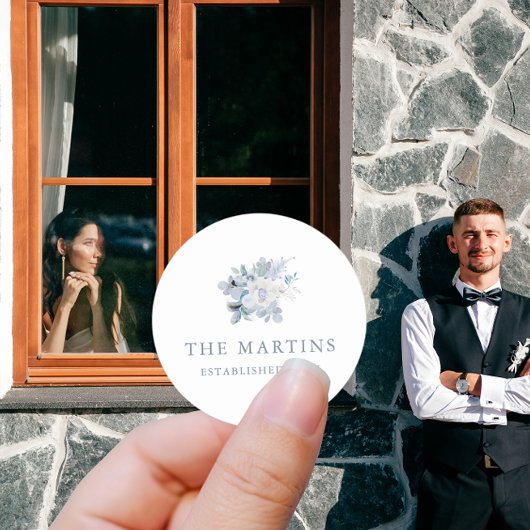 Chic Blue Floral Gepersonaliseerde Naam Trouwen Ronde Sticker