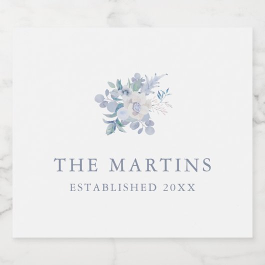 Chic Blue Floral Gepersonaliseerde Naam Trouwen Sparkling Wijnetiket (Enkel label)