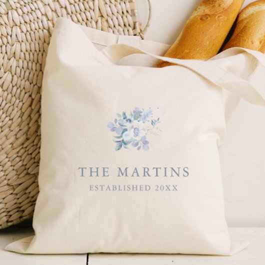 Chic Blue Floral Gepersonaliseerde Naam Trouwen Tote Bag