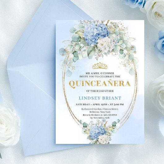 Chic Blue Floral Gold 15th Birthday Invitation Kaart