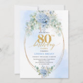 Chic Blue Floral Gold 80th Birthday Invitation Kaart (Voorkant)