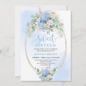 Chic Blue Floral Gold Sweet 16 Birthday Invitation Kaart (Voorkant)