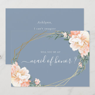 Chic Blue Floral Gold, word je mijn bruidsmeisje Kaart