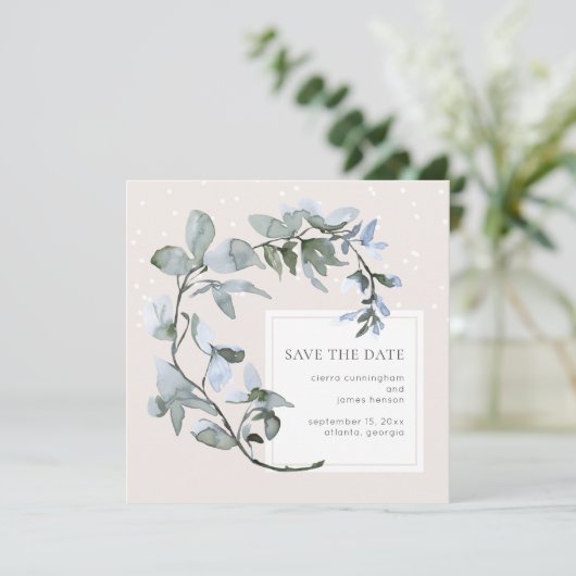 Chic Blue Floral Greenery Wedding Save the Date (Staand voorkant)