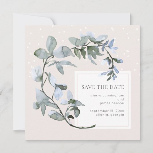 Chic Blue Floral Greenery Wedding Save the Date (Voorkant)