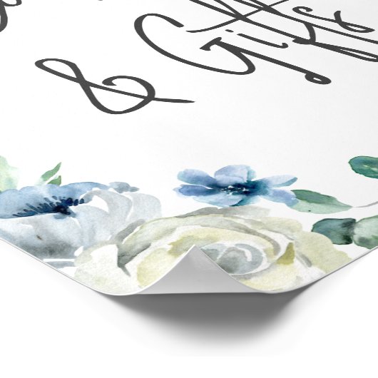 Chic Blue Floral Handgeschreven Script-Kaarten en  Poster (Hoek)