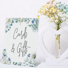 Chic Blue Floral Handgeschreven Script-Kaarten en  Reclamebord Met Voetstuk