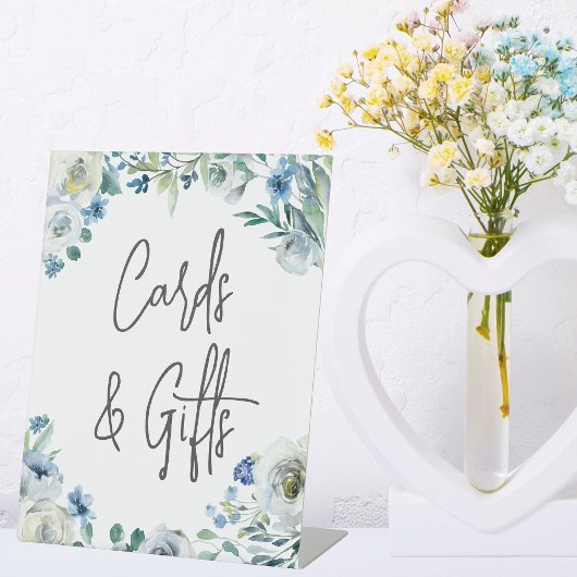 Chic Blue Floral Handgeschreven Script-Kaarten en  Reclamebord Met Voetstuk