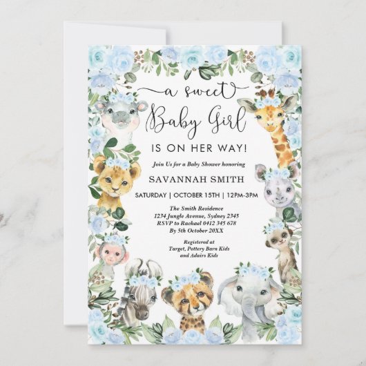 Chic Blue Floral Safari Animals Girl Baby shower Kaart (Voorkant)