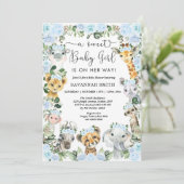 Chic Blue Floral Safari Animals Girl Baby shower Kaart (Staand voorkant)