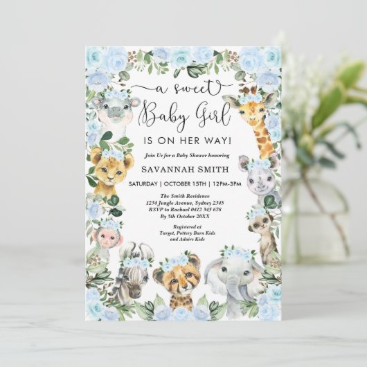 Chic Blue Floral Safari Animals Girl Baby shower Kaart (Staand voorkant)