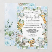 Chic Blue Floral Safari Animals Girl Baby shower Kaart (Voorkant / Achterkant)