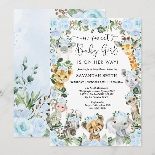 Chic Blue Floral Safari Animals Girl Baby shower Kaart (Voorkant / Achterkant)