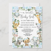 Chic Blue Floral Safari Animals Girl Baby shower