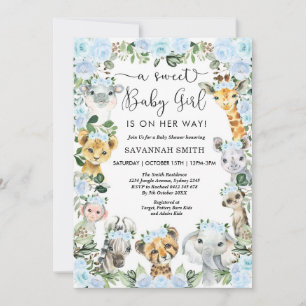 Chic Blue Floral Safari Animals Girl Baby shower Kaart