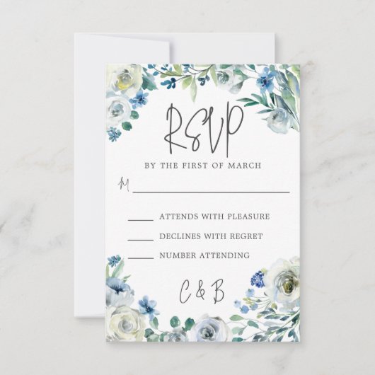 Chic Blue Floral Spring Wedding RSVP Kaartje (Voorkant)