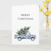 Chic Blue Floral Truck Kerstboom Kaart (Gele Bloem)