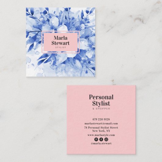 Chic blue floral waterverf elegant roze modern vierkante visitekaartje (Voorkant / Achterkant)