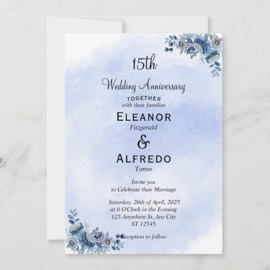 Chic Blue Floral Wedding Jubileum Uitnodigingen (Voorkant)