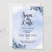 Chic Blue Floral Wedding Save the Date Kaart (Voorkant)