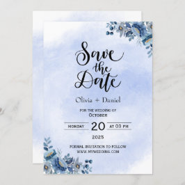 Chic Blue Floral Wedding Save the Date Kaart