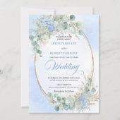 Chic Blue Floral Wheat Gold Oval Wedding Invite Kaart (Voorkant)