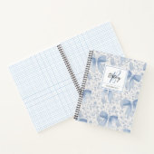 Chic Blue Floral With Bows Script Name Monogram Notitieboek (Binnen)