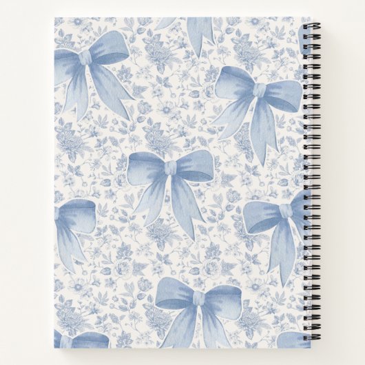 Chic Blue Floral With Bows Script Name Monogram Notitieboek (Achterkant)