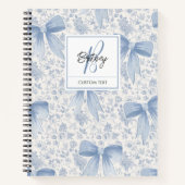 Chic Blue Floral With Bows Script Name Monogram Notitieboek (Voorkant)