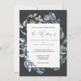 Chic Blue Floral Wreath Wedding Invitation Kaart