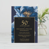 Chic Blue Floral Zwart en Goud 50ste Jubileum Kaart (Staand voorkant)