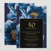 Chic Blue Floral Zwart en Goud 50ste Jubileum Kaart (Voorkant / Achterkant)