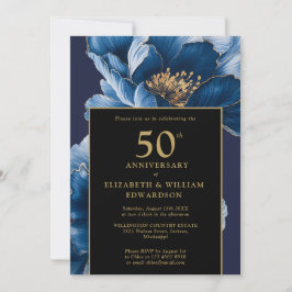 Chic Blue Floral Zwart en Goud 50ste Jubileum Kaart