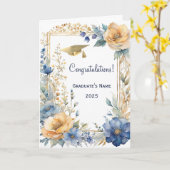 Chic Blue Flower Golden Gepersonaliseerd Afstudere Kaart (Gele Bloem)