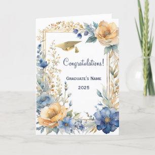 Chic Blue Flower Golden Gepersonaliseerd Afstudere Kaart