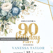 Chic Blue Flowers Gold 90th Birthday Party Invite Kaart