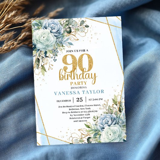 Chic Blue Flowers Gold 90th Birthday Party Invite Kaart