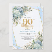 Chic Blue Flowers Gold 90th Birthday Party Invite Kaart (Voorkant)
