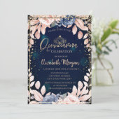 Chic Blue Flowers Gold Tiara, Diamonds Quinceañera Kaart (Staand voorkant)