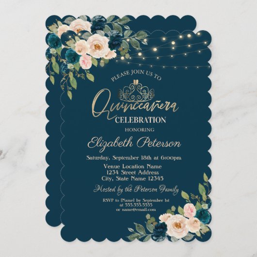 Chic Blue Flowers String Lights Quinceañera Kaart (Voorkant / Achterkant)