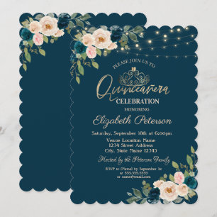 Chic Blue Flowers String Lights Quinceañera Kaart