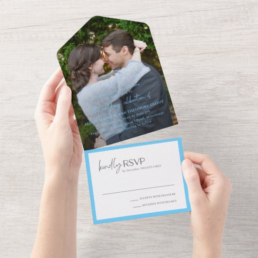 Chic Blue foto Moderne bruiloft All In One Uitnodiging (Afscheurbaar)