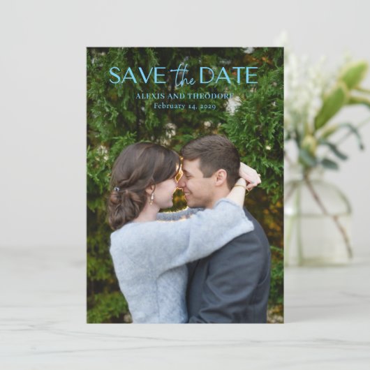 Chic Blue foto Moderne bruiloft Save The Date (Staand voorkant)