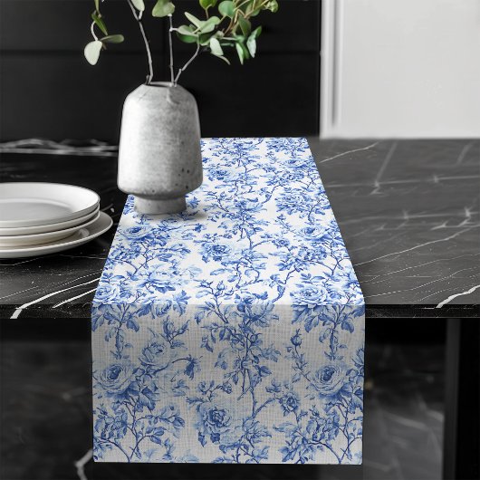 Chic Blue French Toile Roses Floral Table Runner Lange Tafelloper