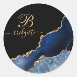 Chic Blue Glitter Agate Geode Monogram zwart Ronde Sticker