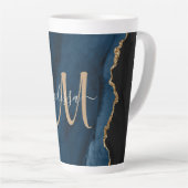 Chic Blue Glitter Agate Marble Monogram Latte Mok (Rechterhoek)